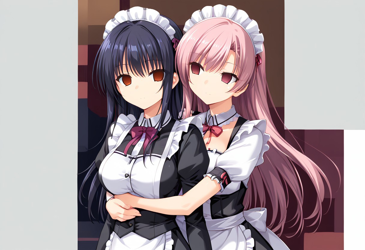 anime, empty eyes, hypnotized, blank stare, expressionless, two girls, adult, close up, long hair, maid outfit, hug from behind, glowing eyes