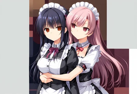 anime, empty eyes, hypnotized, blank stare, expressionless, two girls, adult, close up, long hair, maid outfit, hug from behind, glowing eyes