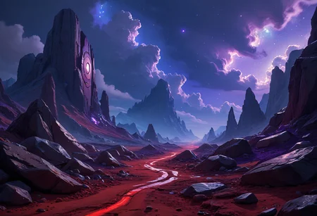 score_9, score_8_up, score_7_up, score_6_up, flux-scenery-pny, Samus Aran, rocky ground, red ground, purple night sky, barren landscape, science fiction, sci-fi