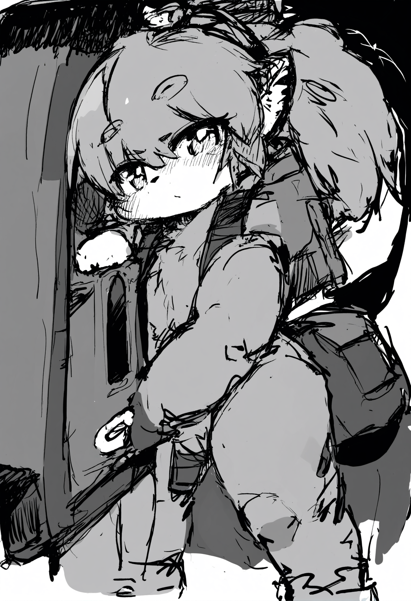 masterpiece, hyper detailed, best quality,(furry:1.3),1girl, solo, monochrome, white background, simple background , sketch, gun, greyscale, standing, looking at viewer  ,<lora:DAGASIXLlokr8f-000188:0.95>