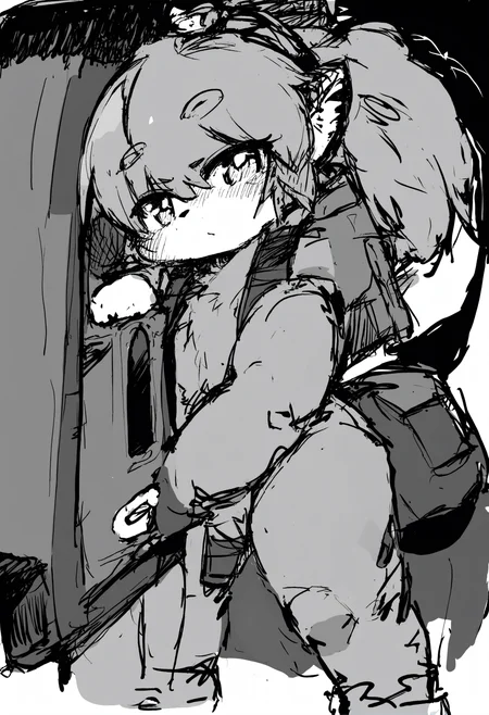 masterpiece, hyper detailed, best quality,(furry:1.3),1girl, solo, monochrome, white background, simple background , sketch, gun, greyscale, standing, looking at viewer ,<lora:DAGASIXLlokr8f-000188:0.95>