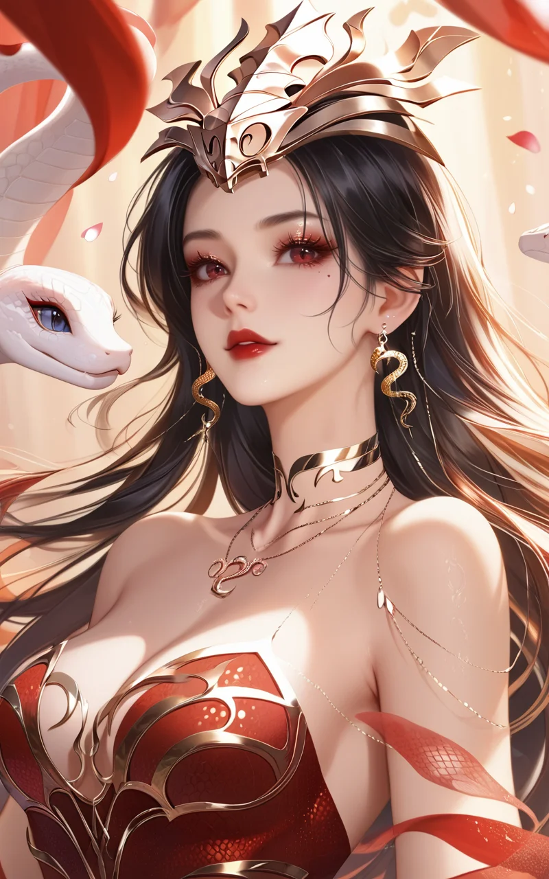 score_9,score_8_up,score_7_up,
<lora:MedusaartPony1:1>,
Medusaart, 1girl, snake, jewelry, earrings, red dress, dress, body glitter, sparkle, snake necklace, snake earrings, exquisite collar, shiny skin, long hair, black hair, petals, upper body, hair ornament, falling petals, bare shoulders, solo, necklace, breasts, red eyes, looking at viewer