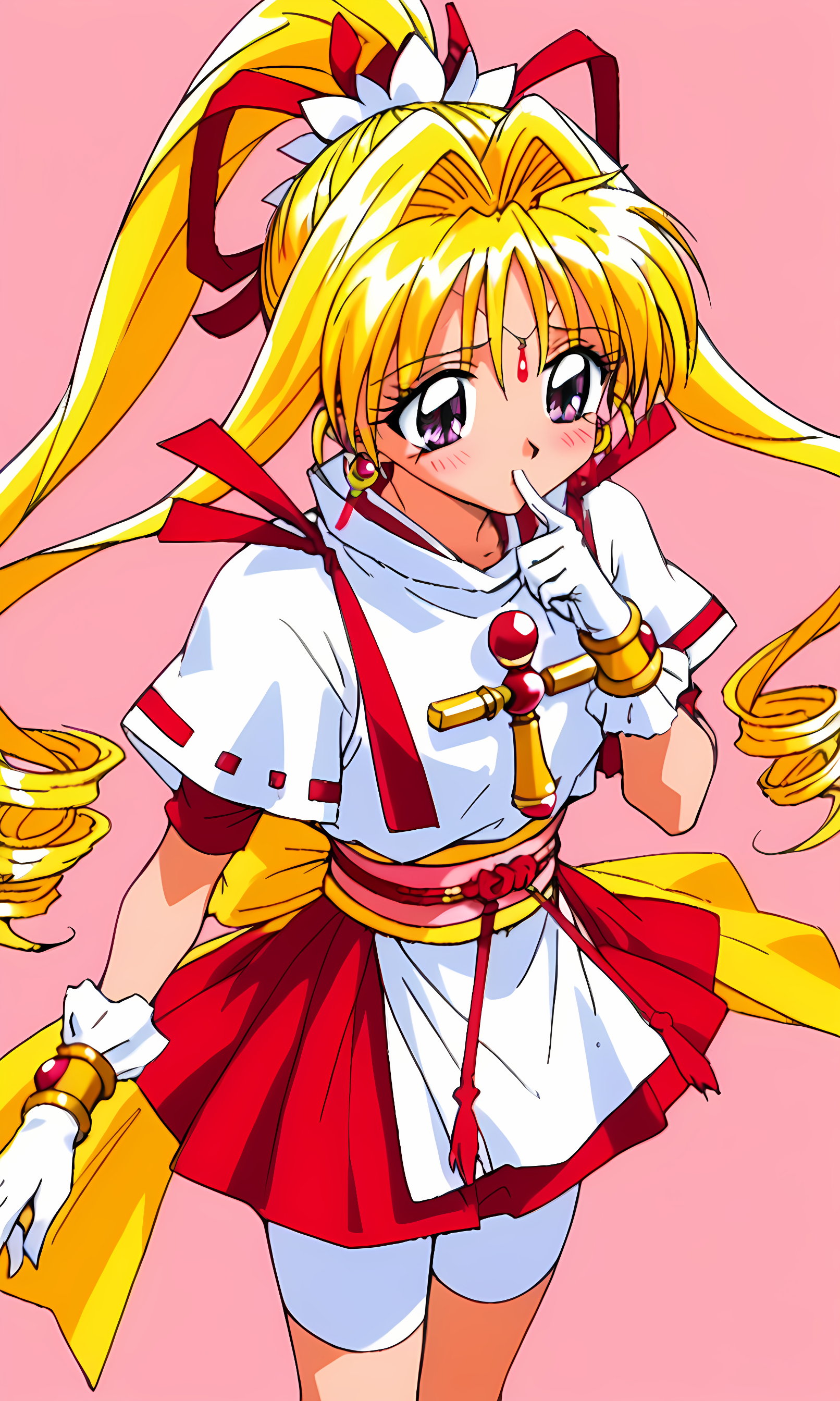 8k, best quality, solo, cute, score_9, score_8_up, score_7_up, 90s anime, masterpiece, source_anime, from top, KKJs2, artist A style, purple eyes, forehead jewelry, blonde hair, very long hair, hair intakes with drill long sidelocks, one high drill ponytail at the back, red hair ribbon with white octagonal decoration, earrings, red inner clothes with white edges, white outfit, folded standing collar, white collar, white side slit and long shirt tail, red accents on white short sleeves, short red inner sleeves, exposed lower arms, shoulder decorations, red ribbon decorations on shoulders, cross ornament on chest, gold bracelet, long white gloves, (red and yellow sash:1.2), red rope with tassels, large yellow bow, red layered miniskirt, white bike shorts, covering thighs, bare thighs between bike shorts and boots, cowboy shot, half-closed eyes, shy, blush, looking to the side, pink background, finger at mouth, 