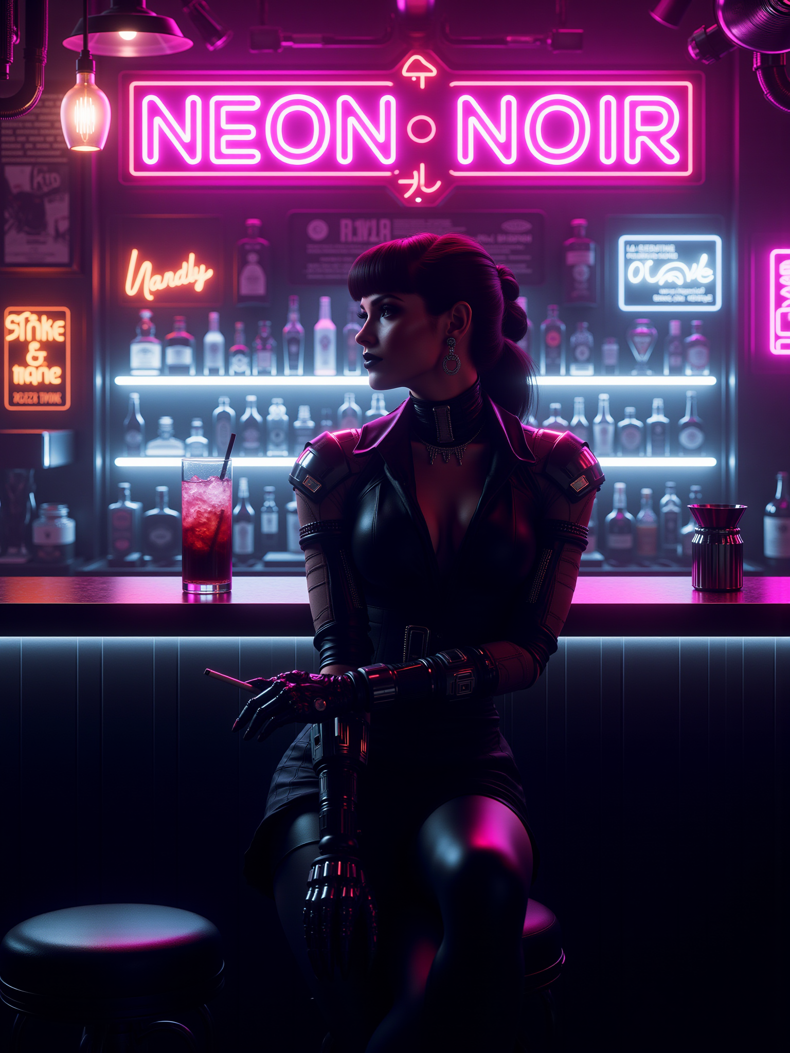 woman sitting at the counter of a futuristic cyberpunk bar wearing futuristic clothing and cybernetic arm leaning on counter holding a drink and cigarette, mad-neon-noir  <lora:Neon_Noir_FLUX:0.8> neon sign "NEON NOIR by maDcaDDie"
