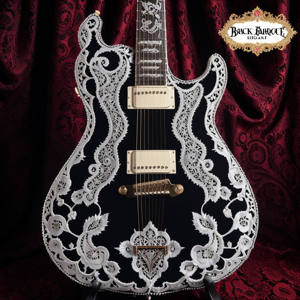 lazypos,high quality,masterpiece,ultra-high resolution,incredible composition,extremely detailed, 
madeoflace, an electric guitar crafted from black lace and silver embroidery, delicate strings shimmering in warm spotlight, resting on a baroque velvet stage