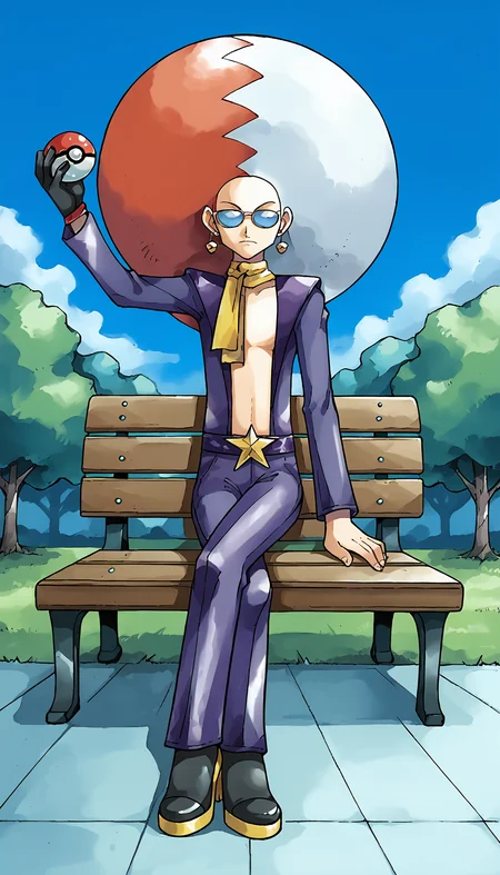 score_7_up, score_6_up, source_anime, ken sugimori, watercolor \(medium\)
BREAK
mirorb, 1boy, solo, very wide shot, full body, crossed legs, afro, two-tone hair, frown, sitting, one arm up, arm at side, holding poke ball, looking at viewer, sunglasses, scarf, purple suit, purple pants, (single glove:1.1), high heels, earrings, bench, sitting on bench, detailed background, park, grass, tree, outdoors, day, blue sky, cloud <lora:mirorb:1> <lora:KenSugimoriPony:1>