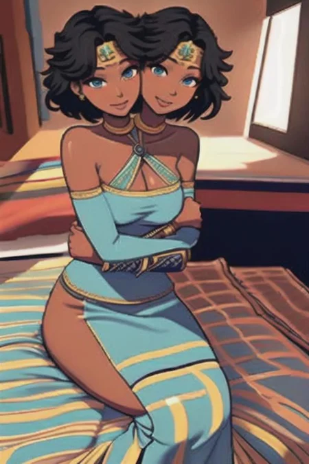 masterpiece, best quality, shorthair, black, darkskinnedfemale, <lora:conjoined_dicephalus:1>, (conjoined_twins, hugging, two heads:1.5), 1girl, masterpiece, best quality, peplos, greek clothes, blue eyes, dark skin, bare shoulders, earrings, flat chest, jewelry, solo, smile, bedroom <lora:WonderWoman:1.5> Sitting on bed, Hands on Lap