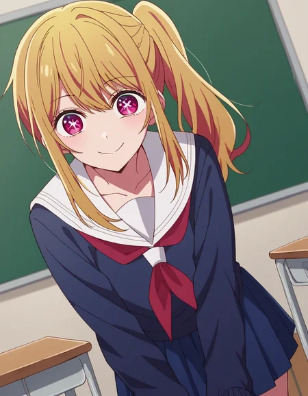 score_9, score_8_up, score_7_up, source_anime,
rubyhoshino, <lora:ruby-hoshino-s1-ponyxl-lora-nochekaiser:1>,
ruby hoshino, long hair, bangs, blonde hair, pink eyes, sidelocks, symbol-shaped pupils, multicolored hair, two-tone hair,
side ponytail, long sleeves, school uniform, serafuku, sailor collar, neckerchief, cardigan, red neckerchief, white sailor collar, skirt, blue skirt,
indoors, classroom, bent over, smile,
looking at viewer, cowboy shot, dutch angle, solo,