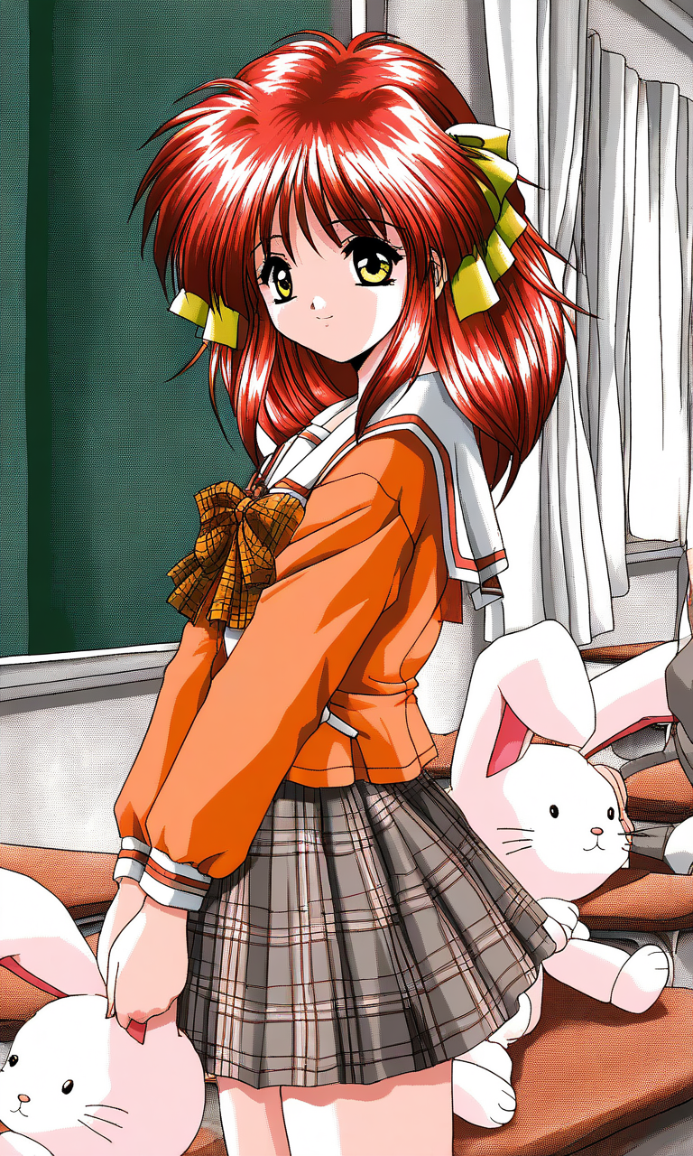 general,highres, ultra-detailed,very aesthetic,best quality ,best hands, BREAK <lora:Kisaragi_Hina_Akumu_AoiKajitsunoSange_IS:1>
Kisaragi_Hina, 1girl, solo, red hair,  medium hair, yellow eyes, hair ribbon, small breasts,
rabbit, stuffed toy, 
light smile, orange school uniform, ribbon, white+gray skirt, outdoors, v arms, check skirt, plaid bow, long sleeves, serafuku, School, class room, curtain.