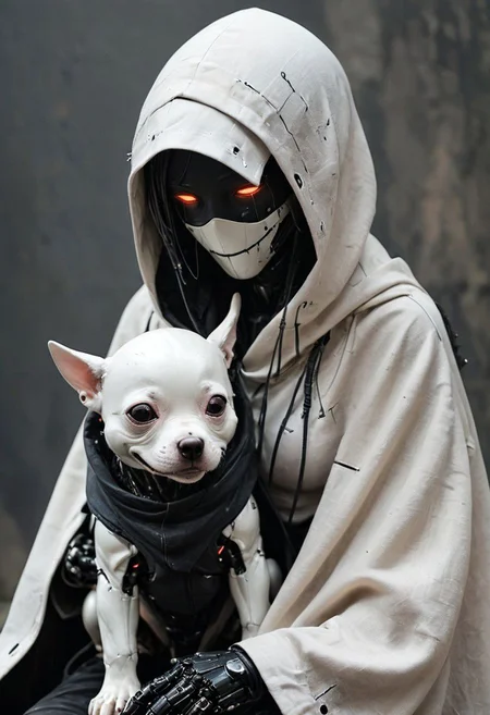 Dystopian Sci-fi Punk robot with oversized hooded neon Shiva  goa Cape No Face laughing sits quietly with a fluffy white hellish small dog on its lap. the scene of a used and dirty detailed neon pop-art looking hooded dystopien cyborg draped in a thick dirty linen cloak. detailed dirty used look, Its face remains concealed, and the cloak over its head is made of coarse, thick, dirty, torn and worn white linen fabric. It exudes a silent presence, as the surroundings are permeated with a blend of solitude and tender moments of affection. cables, wires, very detailed, atmospheric haze, dimmed light