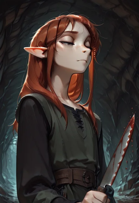 1person, solo, Lapanya, Malgha, freckles, pointy ears, Long-sleeve black shirt, green tunic,
Close up, looking downward, low angle, closed mouth, narrowed eyes, holding knife, stabbing, blood spray, cold expression,
Underground, organic cavern,
Masterpiece, high quality, highly detailed, perfect eyes,