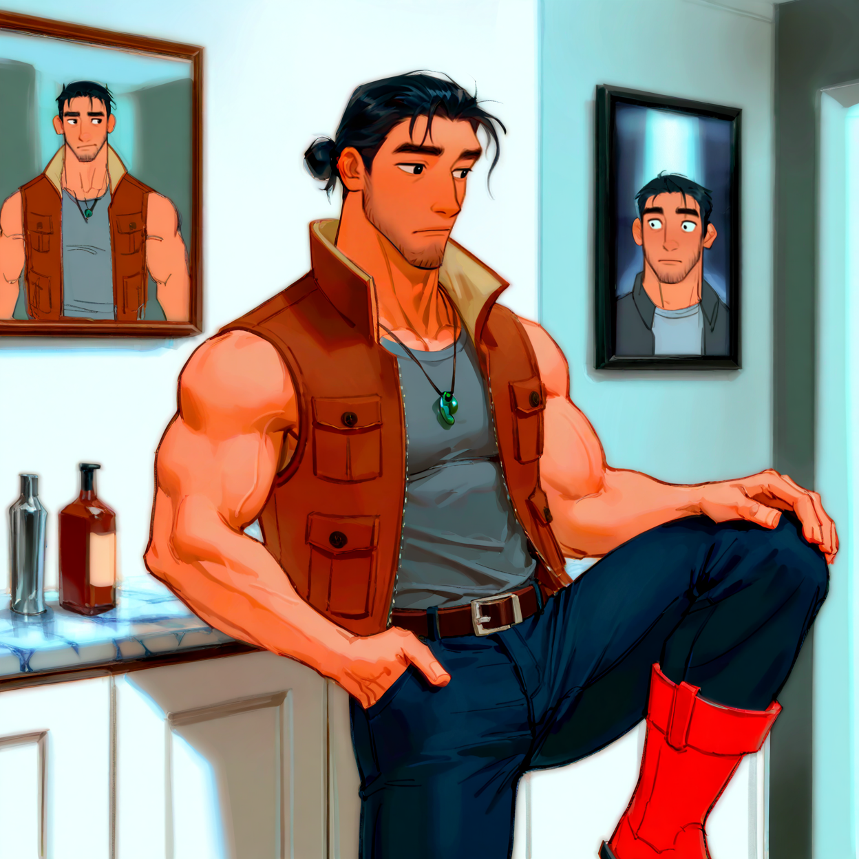 <lora:b665f55d-2b1c-40a0-93e1-de7107929d41.TA_trained:.7>, (coraltheo,black hair,black eyes,facial hair,stubble,hair bun, brown vest, grey shirt, sleeveless, jeans, belt, necklace, red boots,)
cowboy shot, standing, 
(very short hair, beard, bara, mature, facial hair, stubble, beard, full beard, sideburn, beard, a lot of beard, ), facial hair,male focus, muscular male, muscular male, bara, mature,  bara, mature, aixiwuganda_(20222192), very awa, masterpiece, best quality, absurdres, newest, perfect quality, detailed background, intricate details,
<lora:slider_Body Type_alpha1.0_rank4_noxattn_last:3><lora:Anime Summer Days 2 Style SDXL_LoRA_Pony Diffusion V6 XL:.6><lora:slider_cfg_scale_boost:.7><lora:Artist6p:.55>, Artist6p, Artist04p,<lora:slider_il_brightness_slider_d1:-1><lora:slider_il_contrast_slider_d1:-1><lora:slider_DarkSlider1.2_alpha1.0_rank16_full_300steps:-.6><lora:slider_contract_controller_illus01_v1:.25>, <lora:addon_illustriousXLv01_stabilizer_v1.121:.5>