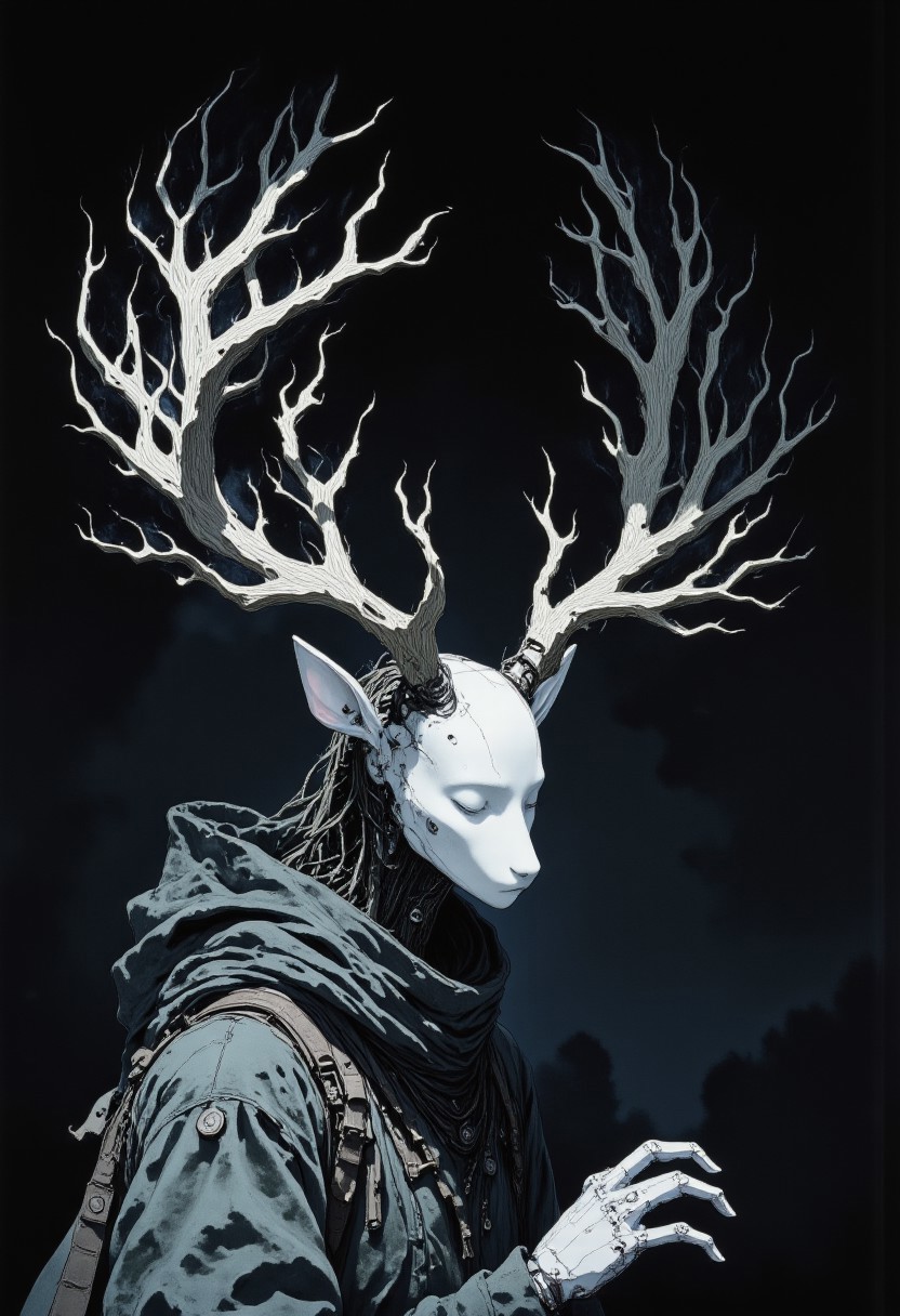 Studio Ghibli Dark Fairytale, intricate cyborg portrait of a deer robotic cyborg entity with skin  made of leafs, black hollow eerie head, No Face, DARK moody, crystal glass