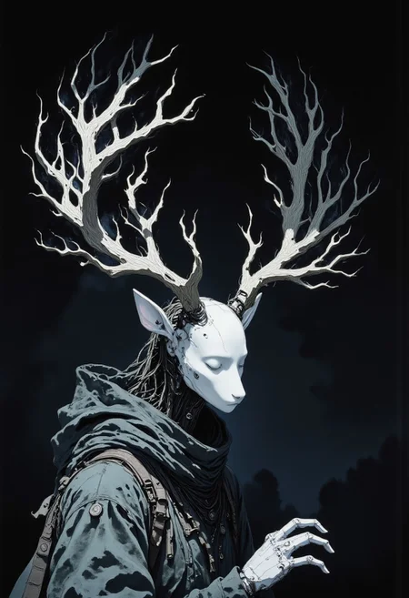 Studio Ghibli Dark Fairytale, intricate cyborg portrait of a deer robotic cyborg entity with skin  made of leafs, black hollow eerie head, No Face, DARK moody, crystal glass