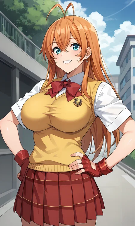 score_9, score_8_up, score_7_up, source_anime,  <lora:hakufu-Ponyv2:1> hakufusdxl, long hair, antenna hair, ahoge, orange hair, aqua eyes,large breasts,  neck ribbon, red ribbon,  magatama earrings, school uniform, red skirt, pleated skirt, plaid skirt large breasts, sweater vest, yellow vest, white shirt, collared shirt, short sleeves, red gloves, fingerless gloves, hand on hip, smile, looking at viewer, outdoors, day