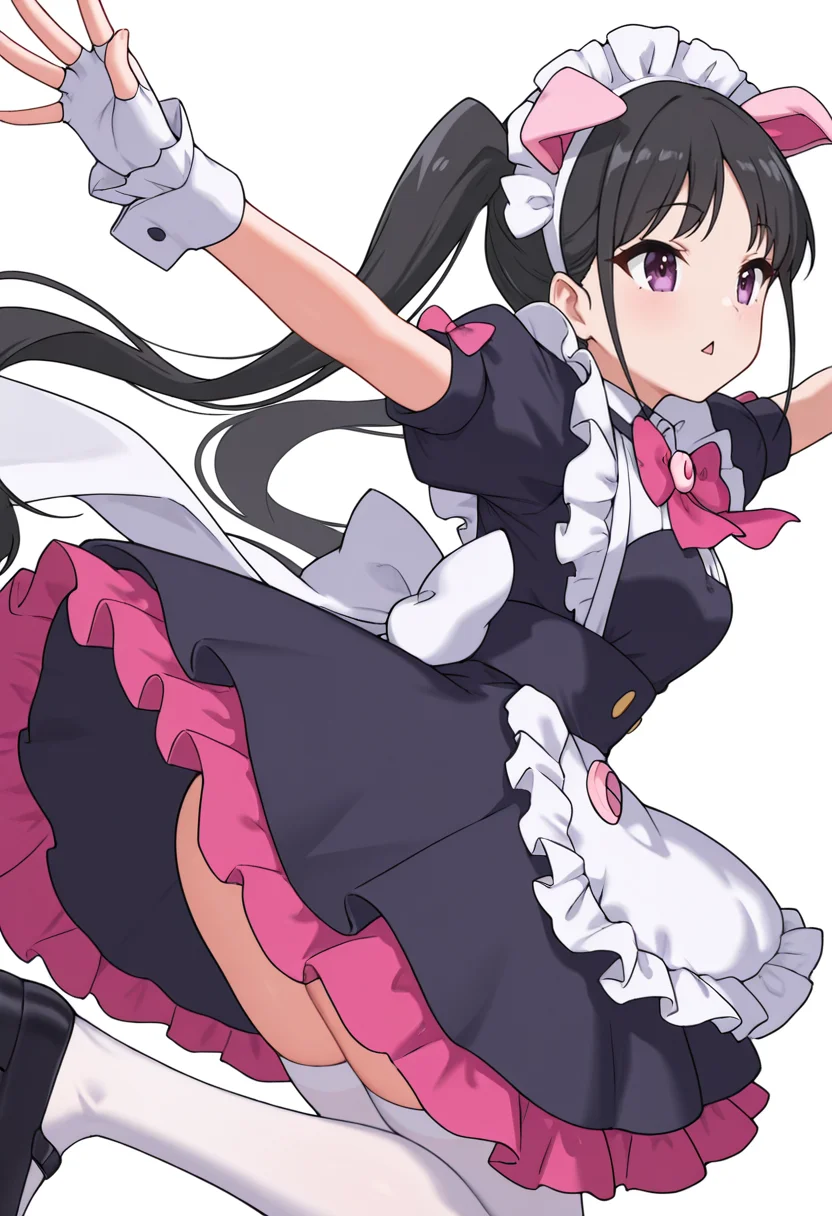 Smooth Quality,masterpiece,very intricate, high quality details, ultra realistic, high detailed skin,detailed enviorement,absurdres,
<lora:Hiiragi_Yume_Yumechi_CNR:1> hiiragi_cnr, black hair, long hair, twintails, purple eyes,fake animal ears, pig ears, hiiragi_maid_cnr,maid, maid headdress, maid apron, frilled apron, black dress, puffy short sleeves,white thighhighs, black footwear,fingerless gloves,white wrist cuffs,pink bowtie, frills,, simple background, white background, from behind,solo,
jumping, arms open, legs bent, smiling, midair, ,, diamond mouth,
