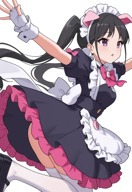 Smooth Quality,masterpiece,very intricate, high quality details, ultra realistic, high detailed skin,detailed enviorement,absurdres,
 <lora:Hiiragi_Yume_Yumechi_CNR:1> hiiragi_cnr, black hair, long hair, twintails, purple eyes,fake animal ears, pig ears, hiiragi_maid_cnr,maid, maid headdress, maid apron, frilled apron, black dress, puffy short sleeves,white thighhighs, black footwear,fingerless gloves,white wrist cuffs,pink bowtie, frills,, simple background, white background, from behind,solo,
jumping, arms open, legs bent, smiling, midair,  ,, diamond mouth,