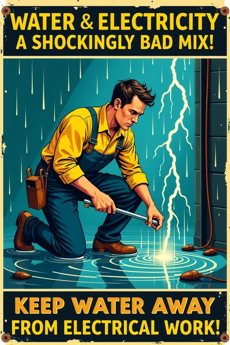 "Vintage safety poster cartoon depicting a worker foolishly attempting to repair electrical wiring while knee-deep in a puddle of water, rain pouring down around him and lightning flashing dramatically in the background. He's holding a wrench and screwdriver, with exposed, sparking wires dangerously close to the water. His hair is standing on end, and a comical skull and crossbones appears momentarily above his head as electricity crackles around him. The sign text in vintage font screams: 'WATER & ELECTRICITY: A SHOCKINGLY BAD MIX! KEEP WATER AWAY FROM ELECTRICAL WORK!' Render in a high-contrast, vintage cartoon style, using dramatic shadows and bright flashes of electricity to emphasize the danger. Utilize a palette of electric blue, warning yellow, and stark black to create visual impact. Visually stunning vintage cartoon, impactful safety message, high detail in rain effects, electrical sparks, and the worker's foolish actions." <lora:REMEs_War_Poster_Style:0.9> In REME's War Poster Style,âââ