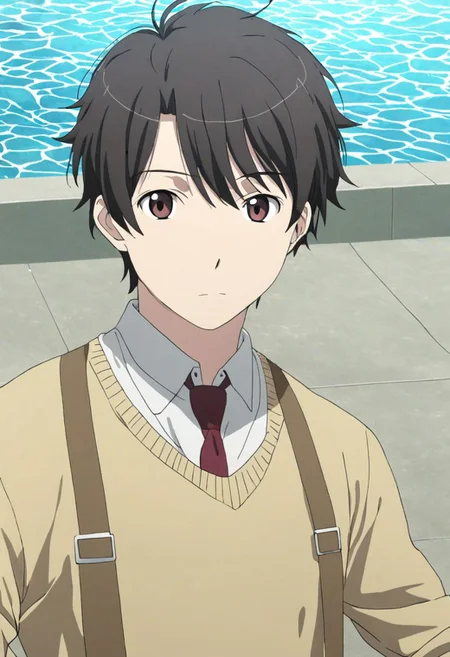 high resolution, solo, best quality, 1Boy, Inaho Kaizuka, Black Hair, Brown Eyes, pool, swim, shirtless, sixpack, shorts, looking at viewer, OverallDetail