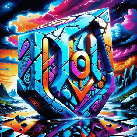 Jed-CyFut, masterpiece, full of details, positive emotional, Jed-Gr4ff1t1,wallpaper enginge, <lora:GraffitiStyle-000003:0.7>, <lora:CyberFuturisticStyle:0.7>, Warlike Rune stones, Stormy weather, Selective focus, expressive, emotion, dramatic, complex artistic color composition, glowing, fine detail, excellent composition, highly enhanced, highly color focused, dynamic dramatic atmosphere, shiny