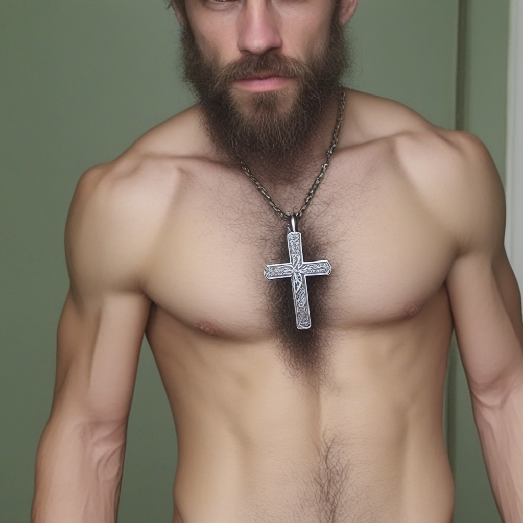 cross, necklace, male focus, nipples, male pubic hair, beard, navel hair, muscle, penis, skinny, lean, hairy,
