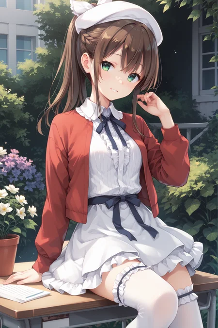 score_9, score_8_up, score_7_up, score_6_up, score_5_up, score_4_up,anime,
misaki,1girl,ponytail,hair ribbon,brown hair,green eyes,smile,
katouclothes, white headwear, red jacket, jacket, white dress, frilled thighhighs, neck ribbon, frilled skirt,
white thighhighs, sitting on desk,
knee up,garden, <lora:MisakiXLPony:0.8>,<lora:katouclothesXLPony:1>