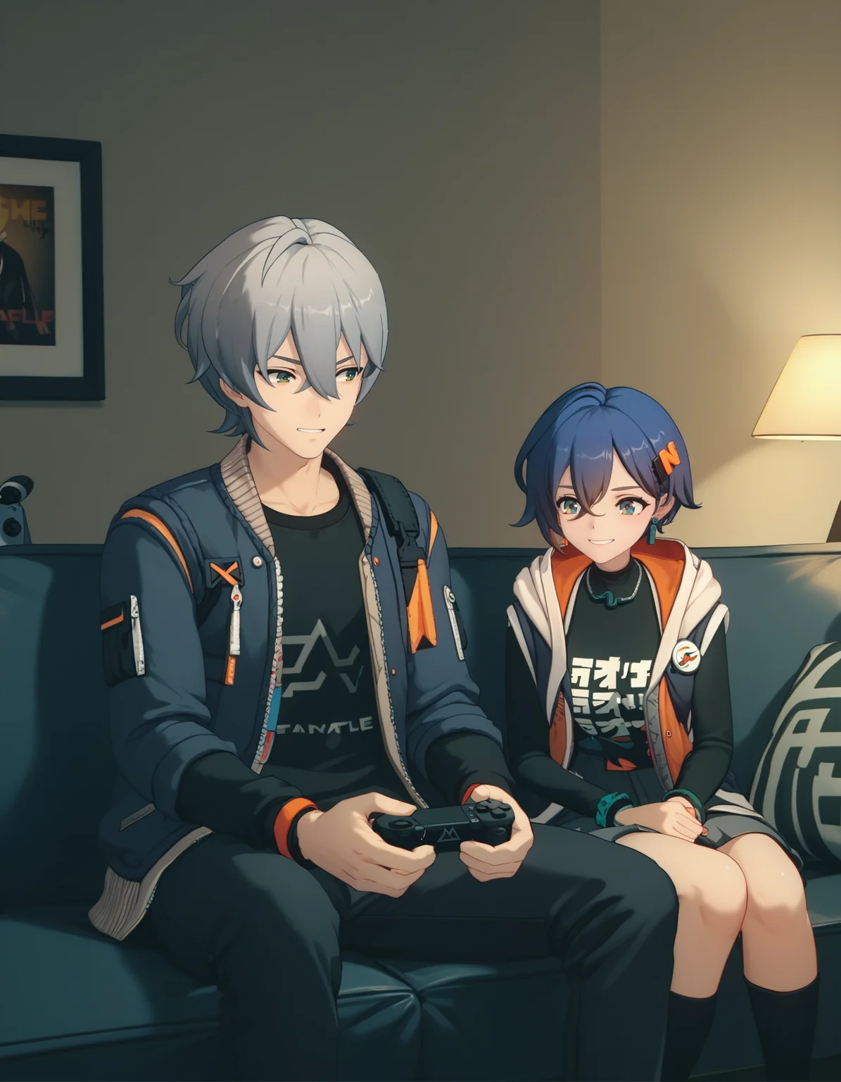 score_9, score_8_up, score_7_up, 1girl, 1boy, cowboy shot, smile, couch, sitting, indoors, dim lighting, playing games, playstation portable,
<lora:zzz-siblings-ponyxl:1> belle, hooded jacket, black shirt, skirt
wise, open jacket, black shirt, jacket, pants