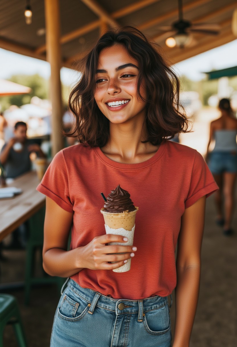 FictionalEsmeralda, tanned skin, shoulder length hair, brown hair, brown eyes, freckles.
Wearing a red tshirt and blue jeans with converse at an outdoor market. Holding a chocolate softserve icecream. happily laughing. Summer atmosphere.