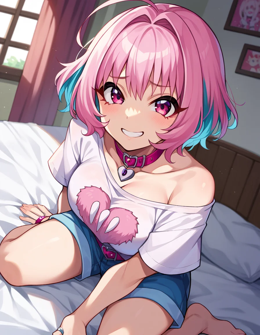 score_9, score_8_up, score_7_up, source_anime,
riamuyumemi, <lora:riamu-yumemi-ponyxl-lora-nochekaiser:1>,
riamu yumemi, ahoge, blue hair, hair intakes, multicolored hair, pink eyes, pink hair, short hair, two-tone hair,
bone print, bare shoulders, barefoot, belt collar, choker, collarbone, heart, heart collar, heart-shaped lock, jewelry, off shoulder, pink choker, pink collar, ring, shirt, short sleeves, t-shirt,
indoors, bed, bed room, smile,
looking at viewer, dutch angle,