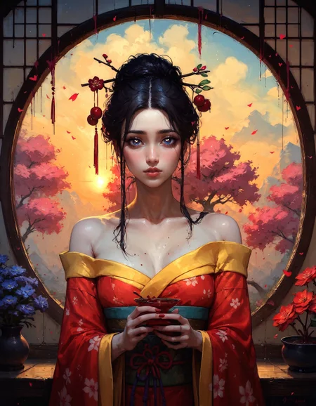 score_9, score_8_up, score_7_up, score_6_up, score_5_up, score_4_up, 1girl, sexy, 20 years old, face close up, half body portrait, (geisha hairstyle), big brown eyes, geisha makeup, modest look, seducing viewer, hearts, posing, sexy pose, solo, yellow floral kimono, off shoulder, bonsai, sakura, cherry blossom, submission, sunset, flowers, plants, heart-shaped pupils