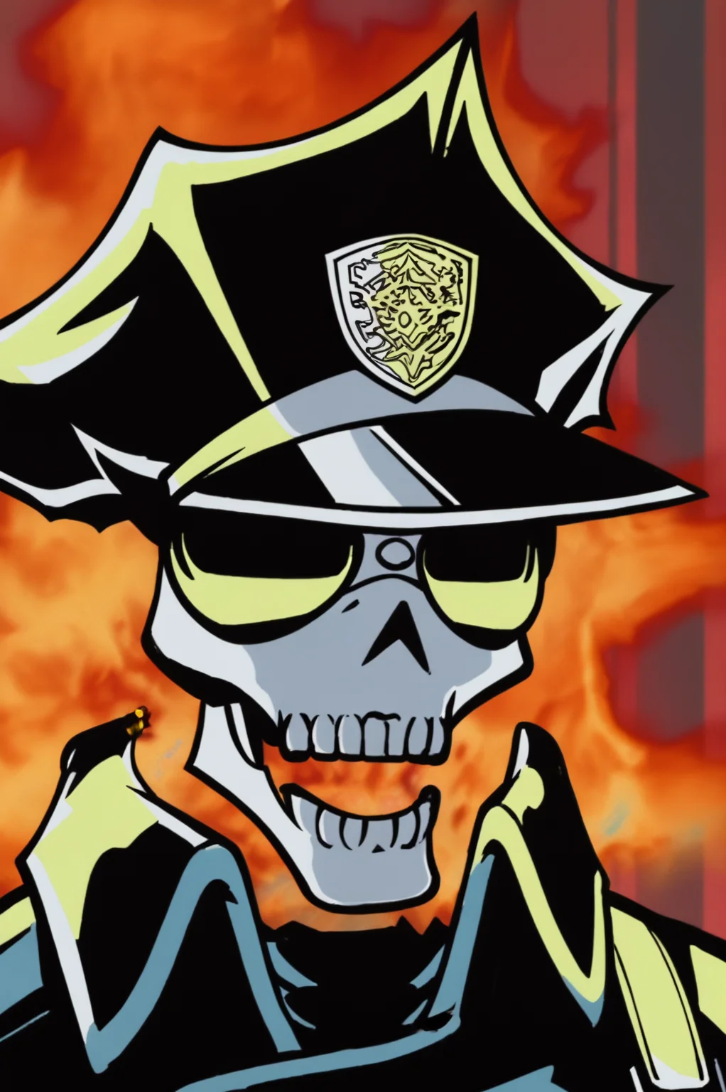anime screencap, rating safe, Inferno Cop, upper body <lora:Uchuu_Patrol_Luluco-Inferno_Cop-PDXL:0.8>