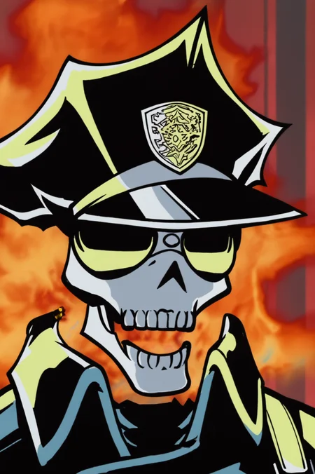 anime screencap, rating safe, Inferno Cop, upper body <lora:Uchuu_Patrol_Luluco-Inferno_Cop-PDXL:0.8>