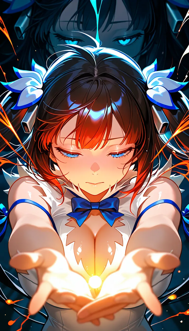 (masterpiece, best quality), amazing quality, very aesthetic, absurdres, highres, newest, HDR, 8K, high detail RAW color art, intricate details, high contrast, detailed background, beautiful detailed, beautiful face, blight face, large pupil, eyelashes, brilliant skin, shiny skin,
2girl, solo, hestia \(danmachi\), indianred hair, straight hair, long hair, blue eyes, half closed eyes, upper body, fantasy world, dark cloud, closed mouth, dark sky, look into the distance, stretch one's arms, arms down, outstretched hand, spread arms, a ray of light in the darkness, ((compassionate light)), mystical aura, colored lighting, volume lighting, effect, professional view, professional framework, dramatic lighting, particles, under lighting, intense lighting, zoom layer, have one's back,
