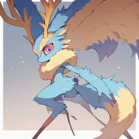 <lora:Elfilis:0.8> score_9, Fecto Elfilis, blue fur, multicolored eyes, head wings, antlers, yellow fur, colored sclera, fluffy tail
