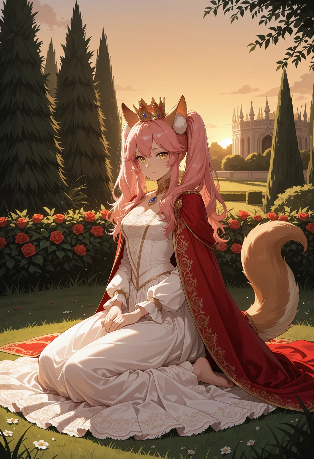 masterpiece, best quality, highres, absurdres, very awa, 1girl, solo, animal ears, pink hair, twintails, queen, royal gown, cape, regal, majestic, elegant, velvet, embroidered, ornate, elaborate, embellishments, long sleeves, intricate design, crown, outdoors, garden, sunset, bush, kneeling, full body, yellow eyes, tail, gemstone, jewelry, grass, flower, rose, from side, barefoot, looking at viewer, light smile, closed mouth