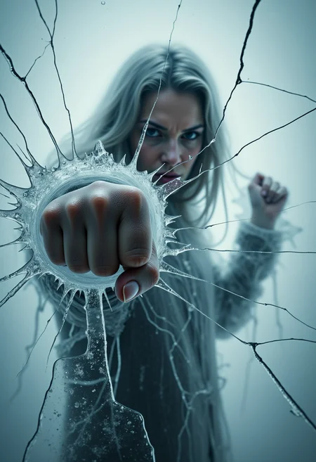 surreal art, an angry woman dramatically punches through a cracked ice curtain that covers the screen and separates her from the viewer. her faded figure facing the viewer and looking over her fist is obscured by the solid ice sheet. all that is visible is a close-up of her extended left arm and her fist breaking the ice apart with a thundering blow leaving behind motion trails. the entire image is covered in a thin sheet of ice except the area around the woman's fist. her knuckles appear bruised due to the impact  <lora:Dever_Flux_Enhancer:0.5>