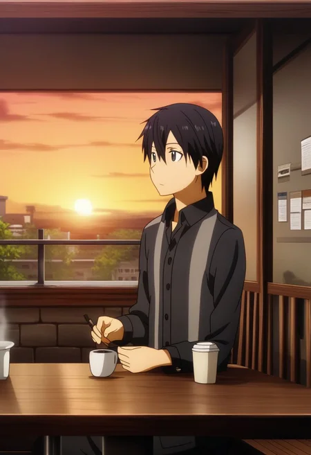 high resolution, professional photography, solo, best quality, 1Boy, Kazuto Kirigaya, Black Hair, Black Eyes, cafe, corner, sit, soffa, casual outfit, coffee, waiting, warm building, sunset, OverallDetail