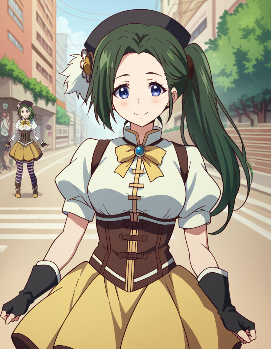 score_9, score_8_up, score_7_up, source_anime, <lora:haruhiko-mother-s1-ponyxl-lora-nochekaiser:1>, haruhiko mother, long hair, blue eyes, ponytail, green hair, medium breasts,, <lora:mami-tomoe-cosplay-ponyxl-lora-nochekaiser:1>, mamitomoecosplay, tomoe mami (cosplay), black gloves, black headwear, black thighhighs, brown skirt, detached sleeves, fingerless gloves, gloves, magical girl, pleated skirt, puffy short sleeves, short sleeves, skirt, corset, striped clothes, striped thighhighs, white shirt, white sleeves, ribbon,, outdoors, street, smile, blush, , dutch angle, cowboy shot
