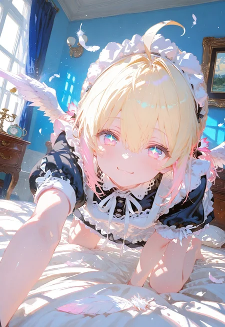 ((on all fours on bed,front facing,eye level angle,smile,looking at viewer:1.5))
1 girl, short and petite,(blonde hair:1.3), (vibrant pink accents hair:1.1),fair skin,pink eyes, (sparkling eyes:1.1),ahoge,small wings ,floating feathers,(low twintails:1.3)
(Shoulderless sleeve,Maid outfit, ponytail:1.3),(victorian bedroom:1.5),(day:1.5)
(Bokeh around character:1.3),(character focus:1.2),((dynamic pose:1.4)),((foreshortening:1.6)),((extreme perspective:1.4))
748cmstyle,Cunnystyle,Smooth_Quality,amazing quality, ((aesthetic:1.3)),(bold lines:1.3),((4k,8k,Ultra HD)),((Masterpiece :1.2)),((Best quality :1.2)),((Detailed :1.5)),((Detailed background :1.5)),