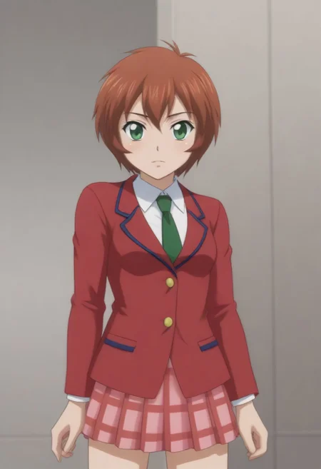 source_anime, anime screencap, source_anime, auratheguillotine, anime screencap, masterpiece, source_anime, shiny skin, 1girl, chinkyuu koudai, short hair, brown hair, green eyes, <lora:chinkyuu_pony-000007:0.8> red blazer, white shirt, green necktie, plaid skirt, pleated skirt,