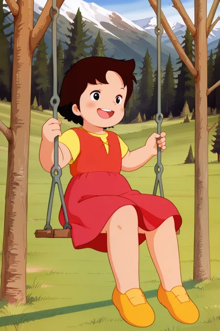 masterpiece, best quality, amazing quality, absurdres, alpsheidi, brown hair, solo, smile, open mouth, swing set, sitting, swinging, on swing, yellow shirt, red dress, outdoors, mountains, pine trees, field, grass, retro artstyle