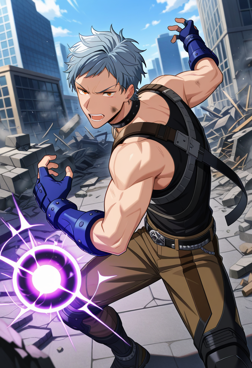 4boys, male focus, solo focus, 
 <lora:Character - Helios Rising Heroes - Asch AlbrightIllust:1> aschalbright, blue hair, orange eyes, muscular male, 
. zPDXL, best quality, great aesthetic, absurdres, year2023, uncensored, score_9,
outdoor, black tank top, fingerless gloves, blue gloves, belt, brown pants, fighting stance, rubble, surrounded by monster, purple energy ball, dirty face,