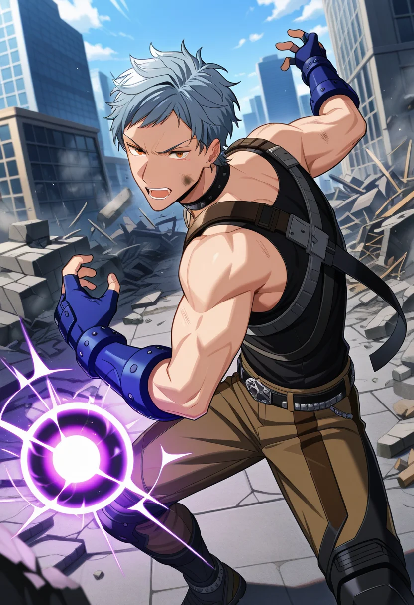 4boys, male focus, solo focus, 
 <lora:Character - Helios Rising Heroes - Asch AlbrightIllust:1> aschalbright, blue hair, orange eyes, muscular male, 
. zPDXL, best quality, great aesthetic, absurdres, year2023, uncensored, score_9,
outdoor, black tank top, fingerless gloves, blue gloves, belt, brown pants, fighting stance, rubble, surrounded by monster, purple energy ball, dirty face,