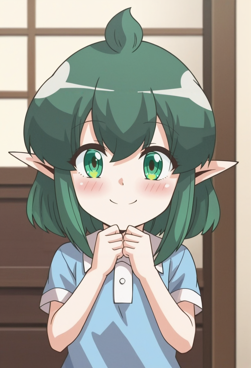 source_anime,anime screencap, anime coloring,intricate details,rating_safe, masterpiece, best quality,
(best quality, absurd res, ultra detailed),,(4 finger:0.5),1girl, ((solo)), good eyes,perfect eyes,,detailed eyes, zPDXLxxx , zPDXL3,detailed, detailed face
BREAK
solo,indoors,standing,front view,
Soah, green eyes, green hair, ahoge, sidelocks, short hair with long sidelock, pointy ears,
blue dress,
smile, cute, blush,
, <lora:add-detail-xl:2>  <lora:Soah:0.8>