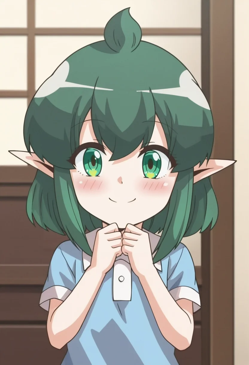 source_anime,anime screencap, anime coloring,intricate details,rating_safe, masterpiece, best quality,
(best quality, absurd res, ultra detailed),,(4 finger:0.5),1girl, ((solo)), good eyes,perfect eyes,,detailed eyes, zPDXLxxx , zPDXL3,detailed, detailed face
BREAK
solo,indoors,standing,front view,
Soah, green eyes, green hair, ahoge, sidelocks, short hair with long sidelock, pointy ears,
blue dress,
smile, cute, blush,
, <lora:add-detail-xl:2>  <lora:Soah:0.8>