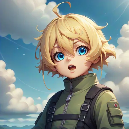 score_9, score_8_up, score_7_up,
TanyaDegurechaff, flyingsuit, 1girl, solo, looking at viewer, short hair, open mouth, blue eyes, blonde hair, gloves, long sleeves, hair between eyes, ahoge, sky, day, black gloves, cloud, blue sky, zipper
,score_9, source_anime
,<lora:TanyaPonyV2:0.6>