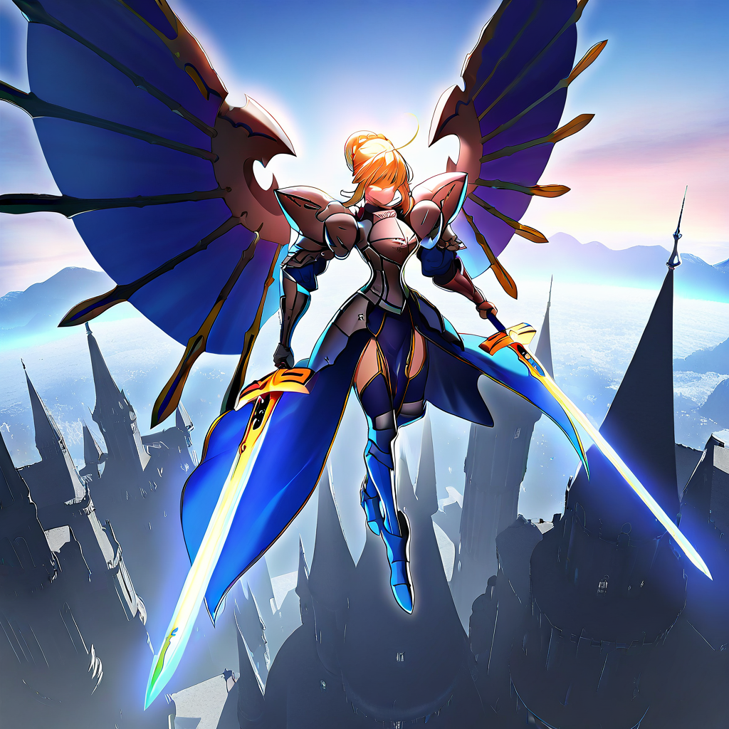 highres, best quality, masterpiece, very aesthetic, newest, year_2024, year_2023, year_2022,<lora:DorugoramonIllustrious:1>, dorugoramon,solo, 1girl,artoria pendragon_(fate),holding sword,armor,wings,glowing eyes,flying,outdoors,castle,blonde hair,single hair bun