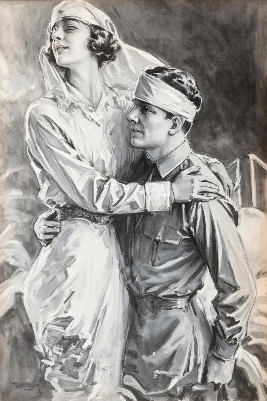 howardchandlerchristy1 illustration.
Monochrome illustration of a Red Cross nurse and a man with a head bandage inside a hospital in the early 20th century. The man is sitting on a hospital bed and has his arm around the nurse's waist. The female nurse is standing with her hands resting on the man's shoulder. Her head is raised slightly, and she is looking to the left. <lora:howardchandlerchristy1_d8a4e11:1.0><lora:865841017096561354:0>