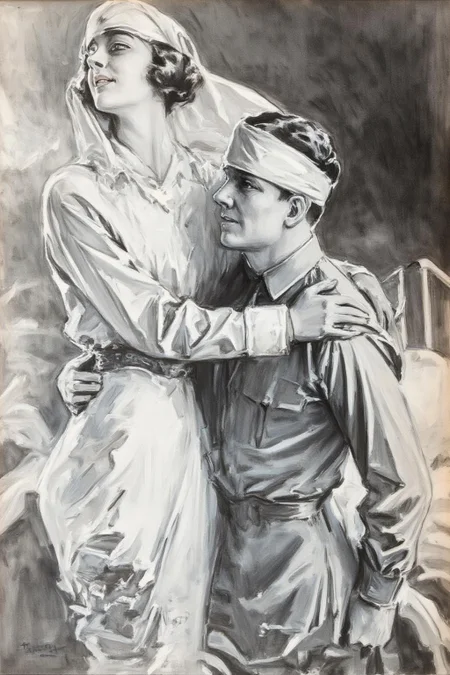howardchandlerchristy1 illustration.
Monochrome illustration of a Red Cross nurse and a man with a head bandage inside a hospital in the early 20th century. The man is sitting on a hospital bed and has his arm around the nurse's waist. The female nurse is standing with her hands resting on the man's shoulder. Her head is raised slightly, and she is looking to the left. <lora:howardchandlerchristy1_d8a4e11:1.0><lora:865841017096561354:0>