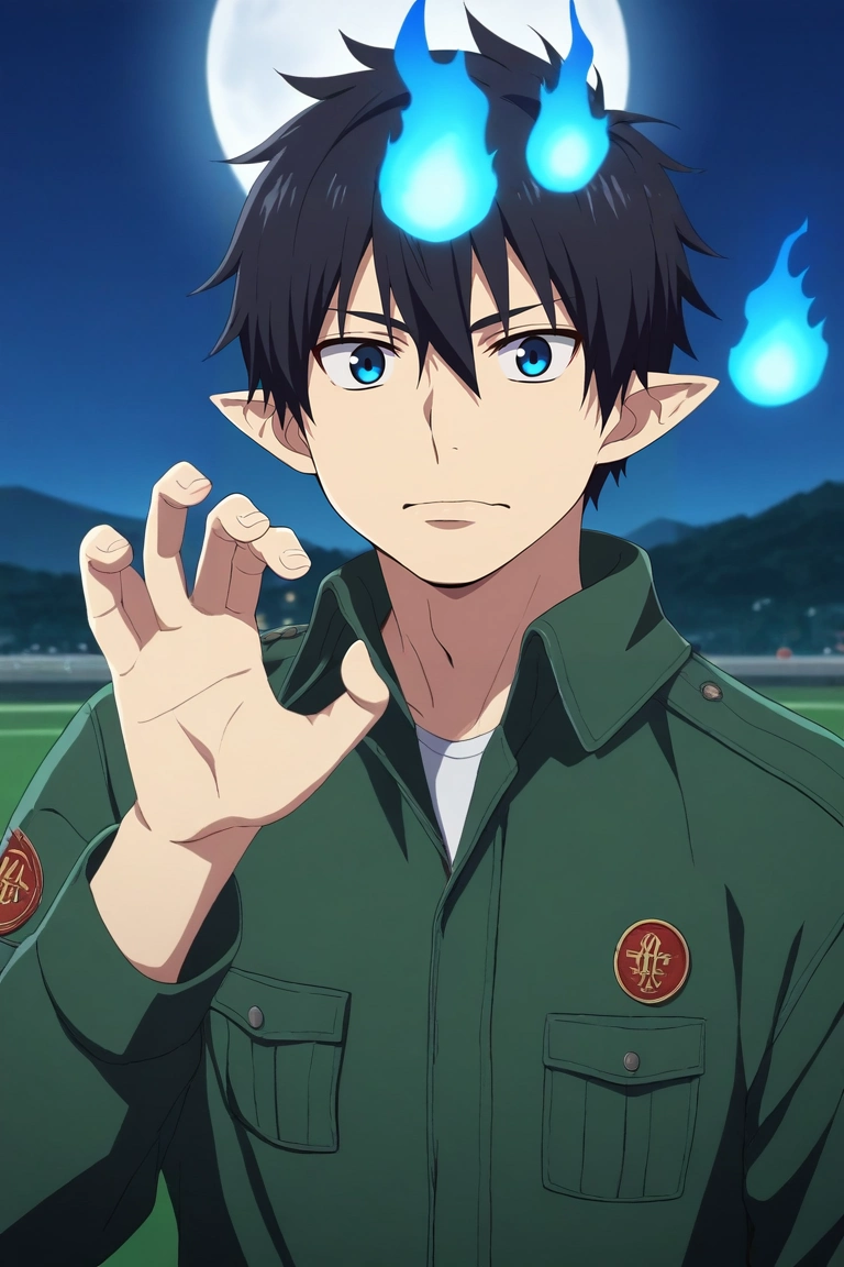 score_9, score_8_up, score_7_up, source_anime, rating_safe, intricate details, (3d:0.4), looking at viewer, depth of field, 1boy, solo, male focus, <lora:rin_okumura_pony:0.76>, rin_okumura, black hair, blue eyes, short hair, hair between eyes, pointy ears, , blue fire, upper body, las vegas, casino, night, full moon, claw pose, wavy mouth, male Ageless Well-proportioned, Southeast Asian, Black eyes, Roman Nose, Unusual Jaw, Receding Forehead, Square face shape with Angular Jaw, , Black Pompadour hair, Guilt, wearing Cargo swim trunks, Harrington jacket, , ,, One hand raised, seeking attention, <lora:sdxl_lightning_8step_lora:1>